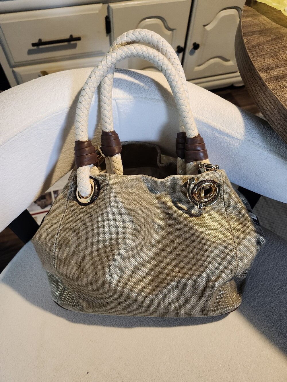 Michael Kors Gold Shimmer Canvas Shoulder Bag with Cream Braided Handles - Picture 5 of 8